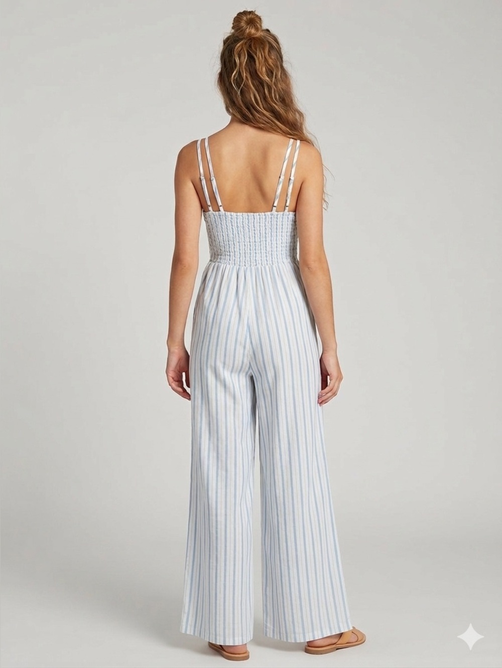 Bluenotes Blue White Striped Smocked Jumpsuit linen blend New England summer M - Picture 2 of 10